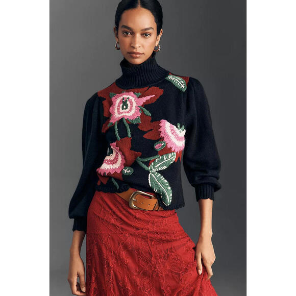 NEW, Farm Rio Colorful Flower Turtleneck Sweater in Black multi Sz XS #T3701 - Picture 5 of 12